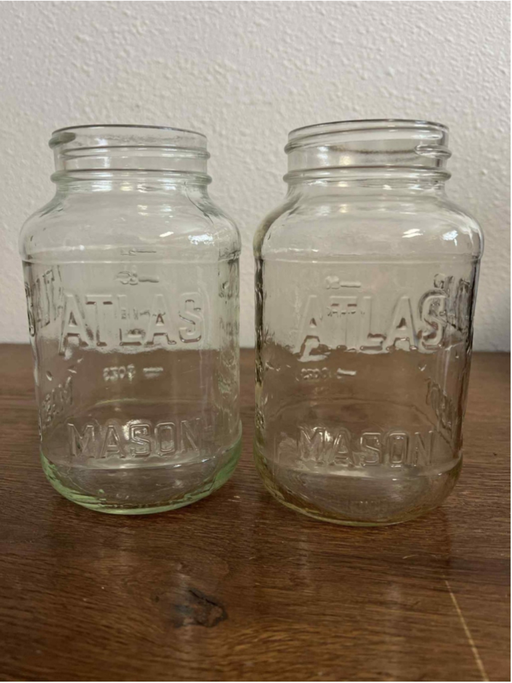 Pair of Vintage Atlas Mason Jars Green Tint & Smoky Clear Glass Farmhouse Decor